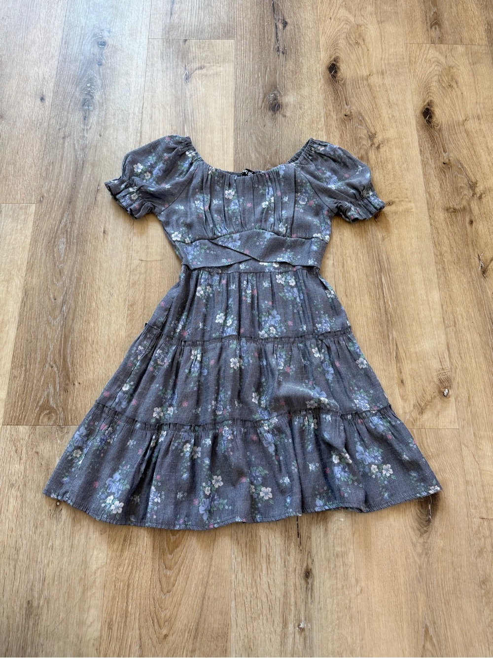 Girls Floral Puff-Sleeve Tiered Twirl Dress - Dusty Gray